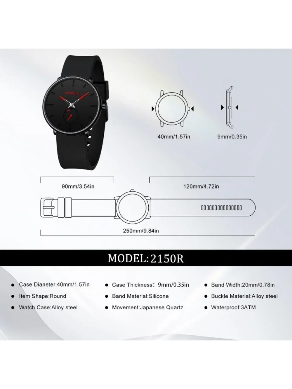 Crrju Men's Black Red Stylish Waterproof Quartz Unisex Ultra Silicone Band Watch